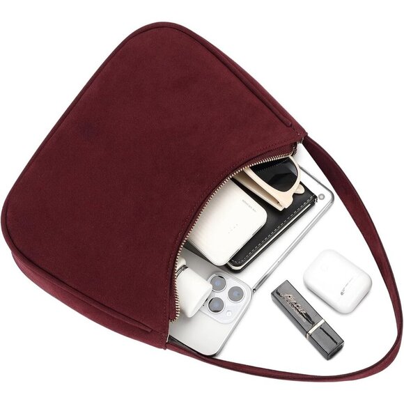 Women Suede Cherry Imported Polyester Leather Zipper Closure Cute Tote Handbag - Picture 7 of 7